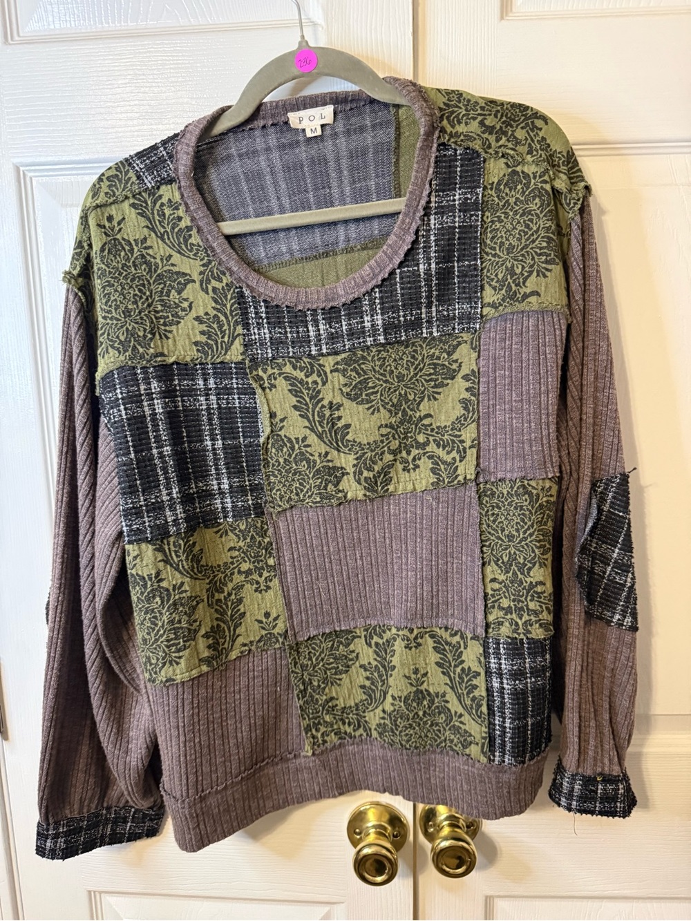 POL Patchwork Crewneck Sweater in Olive Green & Mauve